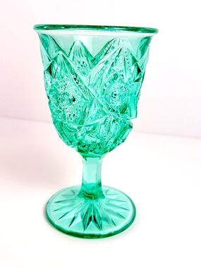 Vintage Imperial Aqua Glass Water Goblet Feather Notching Mint Condition